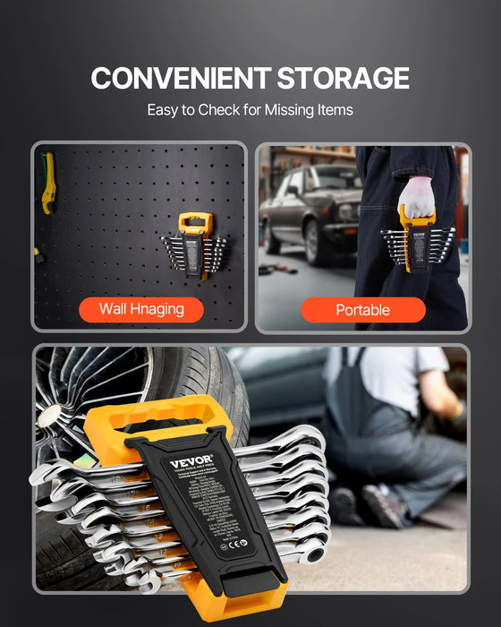 Metric ratcheting wrench set with organizer rack for quick access and portability
