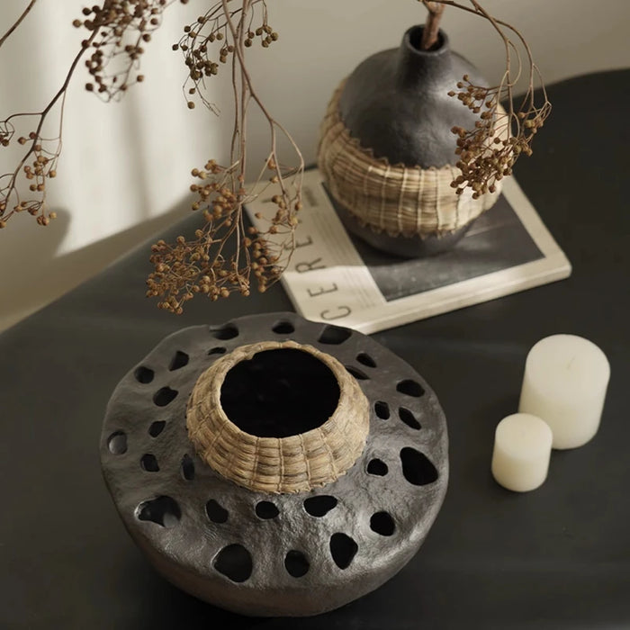Decorative Resin Flower Vase with Rattan Patchwork Design