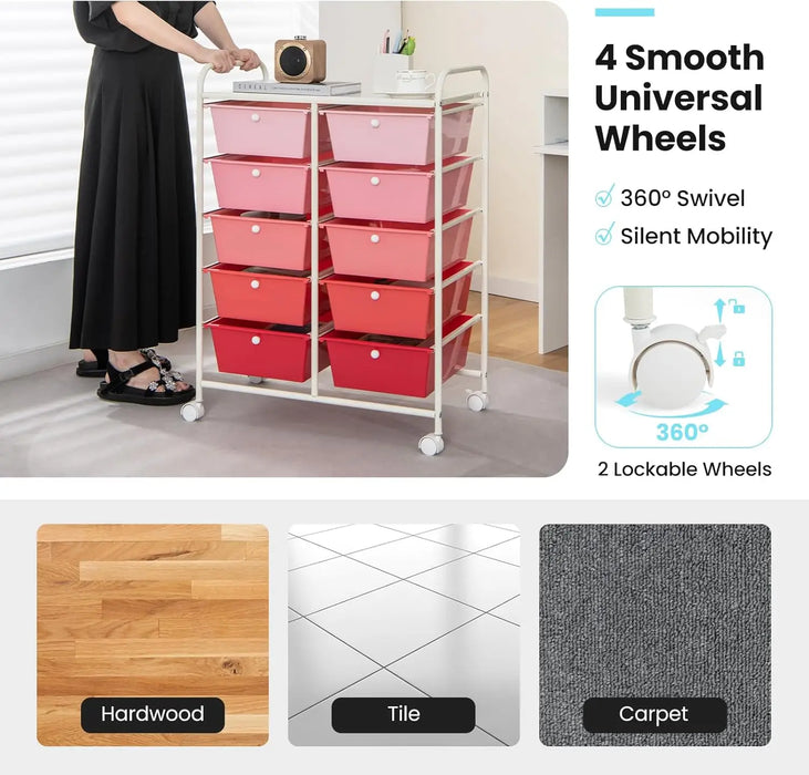Portable 10-Drawer Storage Trolley with Lockable Wheels Metal Frame for Home, School & Art Use