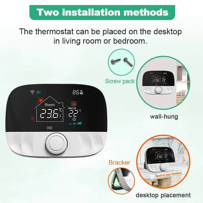 Smart Heating Thermostat for Floor, Water & Gas Boilers with WiFi Alexa & Google Control (T9W-RC9 White) - A modern, white thermostat with WiFi connectivity and voice control capabilities for efficient and convenient home heating management