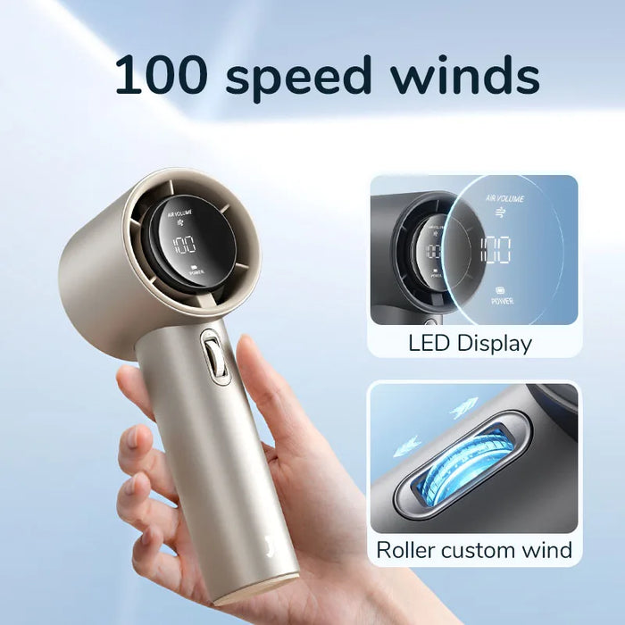 White mini portable hand fan with 3600mAh USB rechargeable battery and LED display for travel and outdoor use