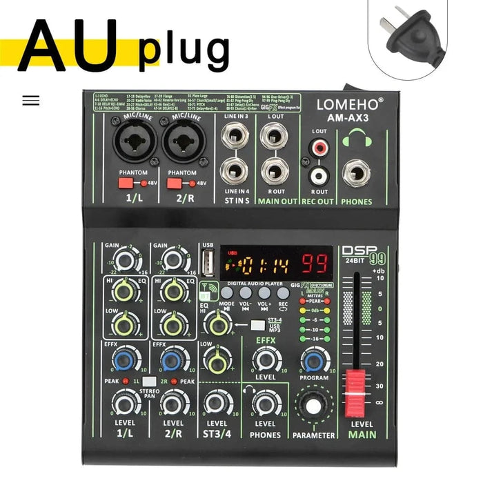 4 Channels Audio Mixer 48V Bluetooth USB with 99 Digital Effects for Recording - FLUXA