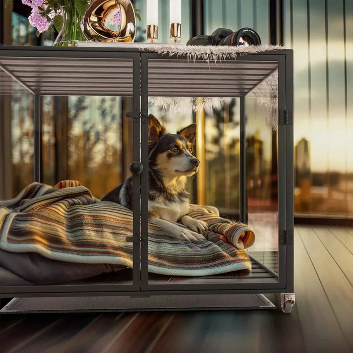 Luxury black XL dog crate with 4 silent wheels and 3 doors
