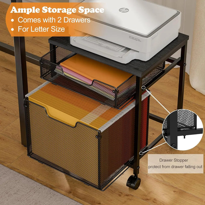 Mobile File Cabinet with 2 Drawers and Printer Stand Lockable Wheels & Hanging File Storage