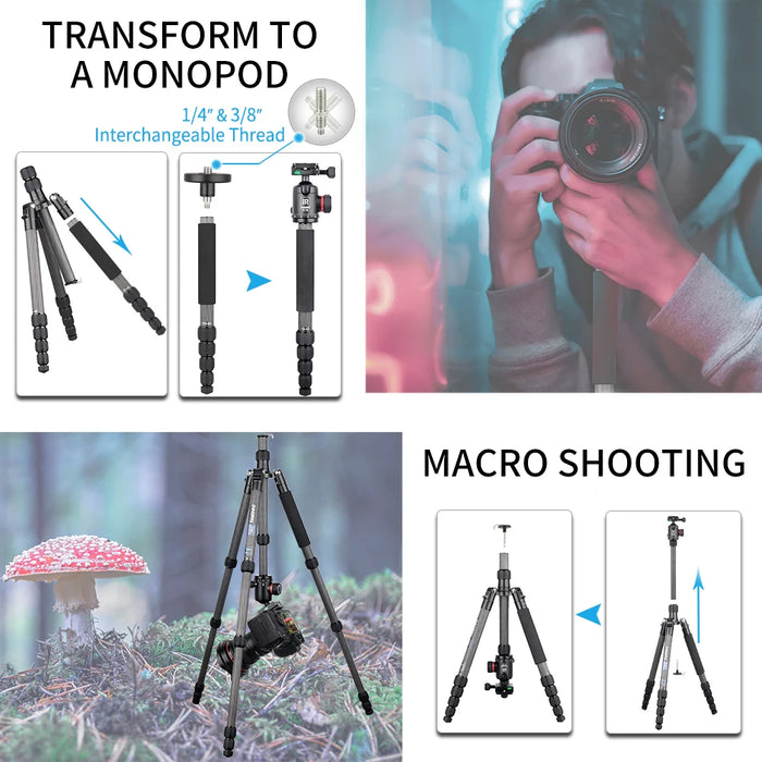 10-Layer Carbon Fiber Tripod, 161cm, 12kg Load, 2-in-1