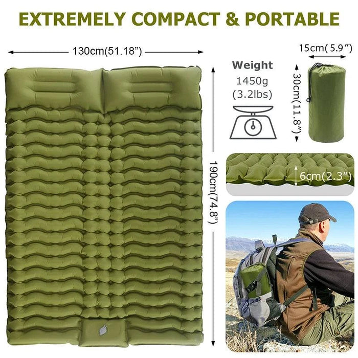 Double Sleeping Pad 200cm Self-Inflating Mat with Pillow for Camping