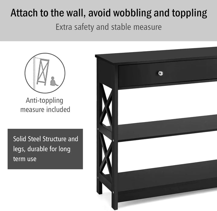 Modern 3-Tier Console Table with Drawer and Shelves Slim Design for Hallway or Living Room
