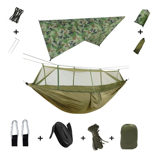 Camping hammock with army green camouflage, mosquito net, and rain tent