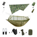 Camping hammock with army green camouflage, mosquito net, and rain tent
