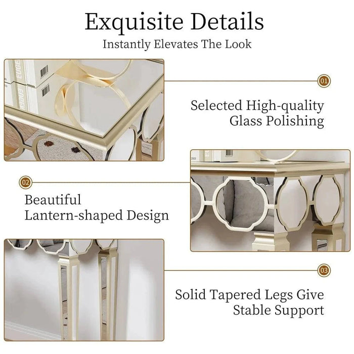 Rectangular mirrored console table with elegant gold rim design and spacious shelf