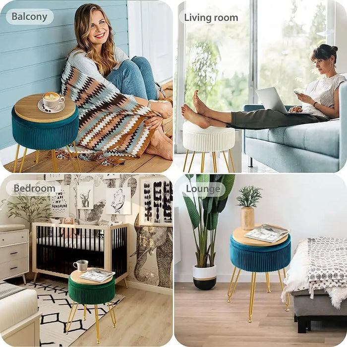 Small Round Velvet Makeup Chair Beige Storage Ottoman with Gold Legs, 46cm Tall