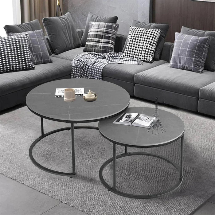 Stackable coffee tables with sleek black-painted metal frames