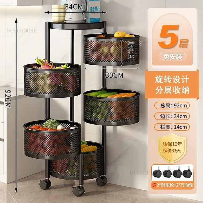 Multi-Layer Rotating Storage Cart – Portable Metal Kitchen Organizer B 5 layers-Black