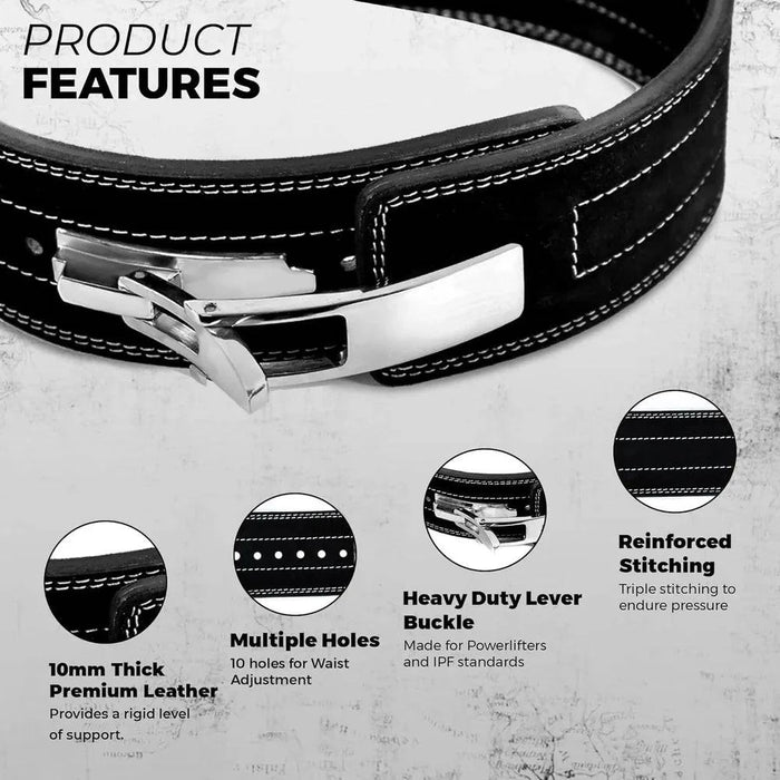 X-Large 10mm black leather weightlifting belt for powerlifting and back support