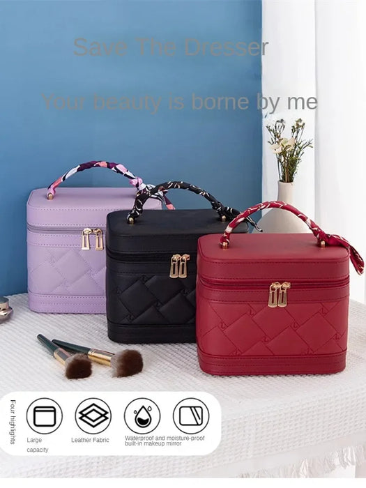 Premium Rhombus Makeup Storage Box Portable Cosmetic Bag with Mirror, Travel-Friendly