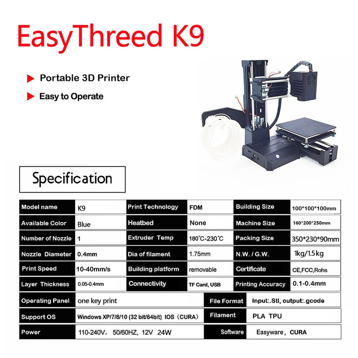 Mini 3D Printer Easy to Use for FDM TPU PLA 175mm AU Plug
