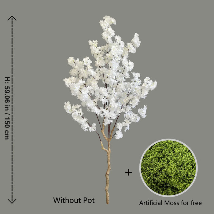 Realistic Artificial White Cherry Blossom Tree Branches with Silk Leaves for Home & Wedding Decor, 150cm
