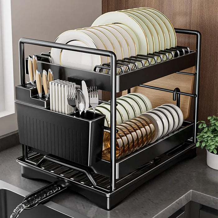 Large 2-Tier Kitchen Dish Rack with Drainboard & Utensil Holder