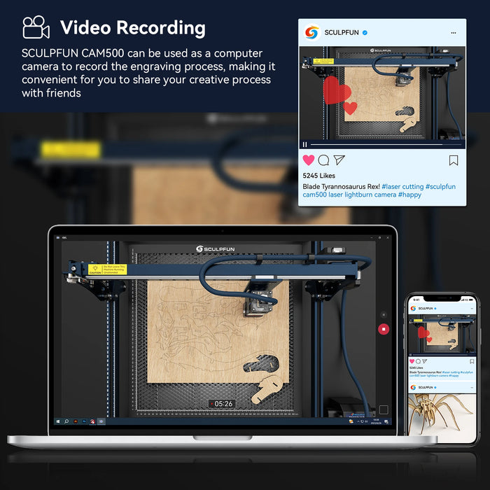 HD video recording for time-lapse monitoring and sharing of engraving processes