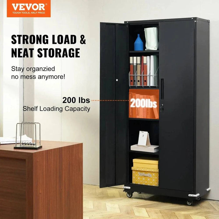 Metal storage cabinet with wheels and locking mechanism, 2 magnetic doors, 4 adjustable shelves, and 90 kg weight capacity in black color