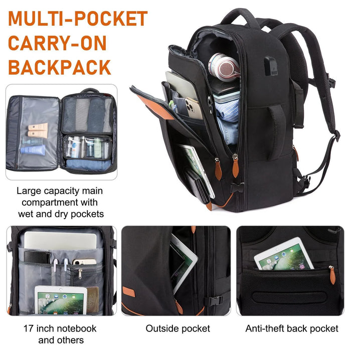 Black travel backpack with front zipper compartment and anti-theft section