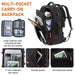 Black travel backpack with front zipper compartment and anti-theft section