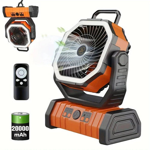 Compact and lightweight orange camping fan with LED light