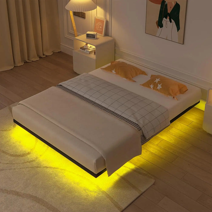 Modern Black Floating Bed Frame LED Sensor Lights, Heavy Duty Metal Slats, Easy Assembly