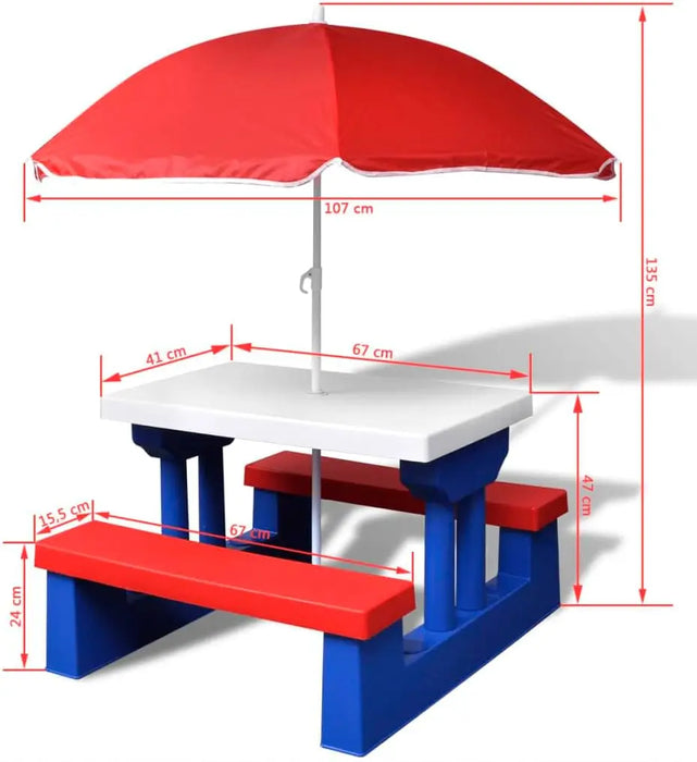 Multicolour Outdoor Picnic Table with Benches and Parasol Durable Plastic & Steel