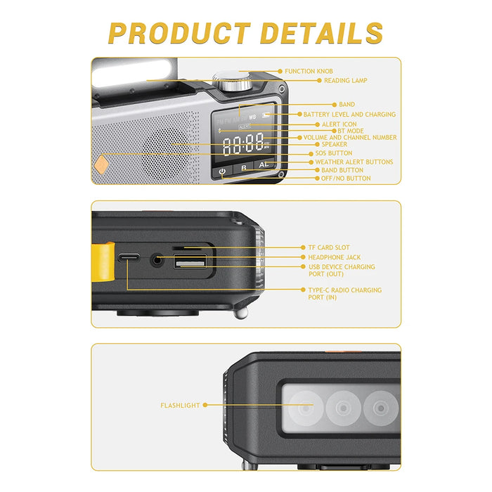10000mAh Solar Hand Crank Emergency Radio with Flashlight & SOS