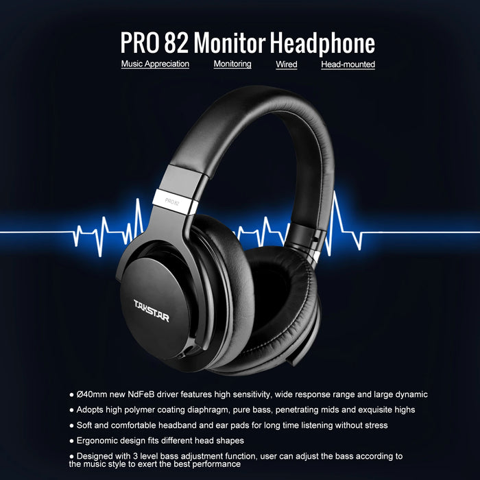 PRO82 Professional Monitor Headphones with Bass Adjustment - BLACK