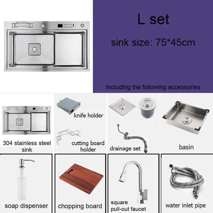 Multifunctional Stainless Steel Kitchen Sink with Faucet & Rack silver 78x46cm B