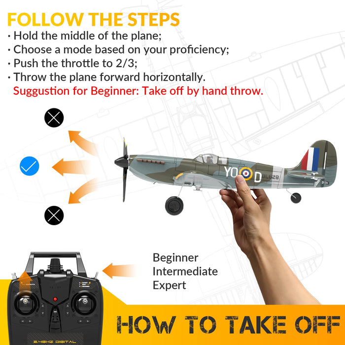 Remote Control Spitfire Warbird Plane 400mm Wingspan, 4CH, One-Key Aerobatics, 150m Range