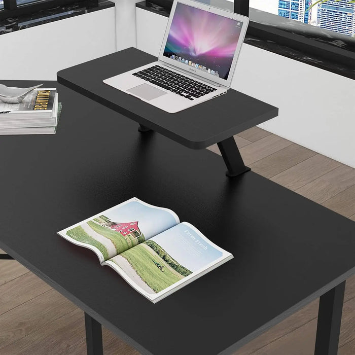 Black L-Shaped Corner Desk Wood & Metal Workstation with Monitor Shelf and Tower Stand