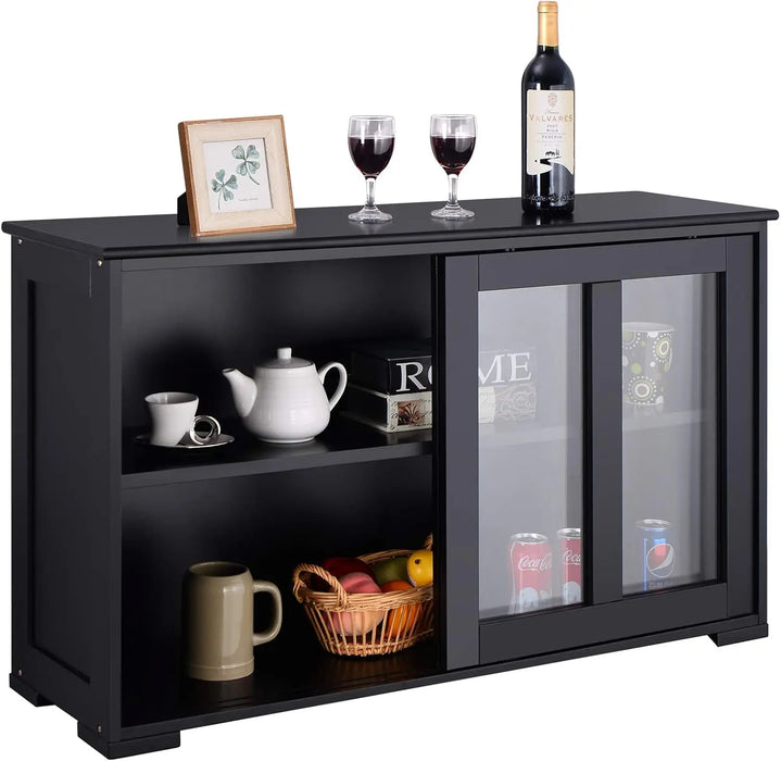 Modern Wood Sideboard with Sliding Glass Doors and Adjustable Shelves Black
