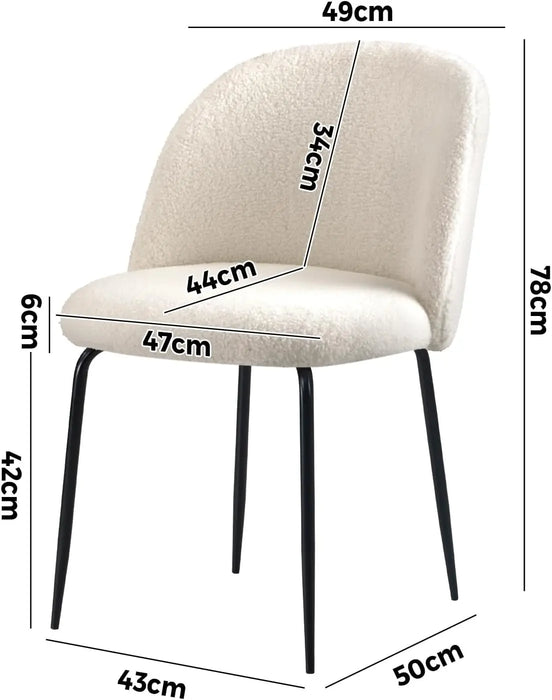 Set of 2 White Sherpa Dining Chairs with Cushioned Back and Metal Legs