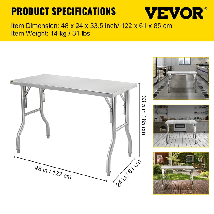 Stainless Steel Single-Shelf Folding Work Prep Table 48x24 cm - Easy Storage for Home & Commercial Use - Durable and versatile stainless steel folding work prep table