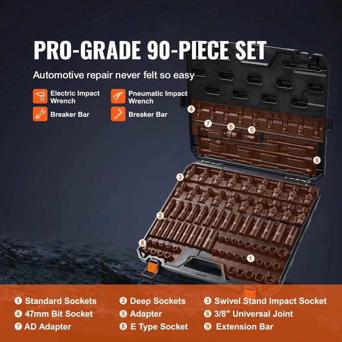 90-piece Metric Drive Impact Socket Set made of durable Cr-Mo 6 Point Alloy Steel for all your repair needs
