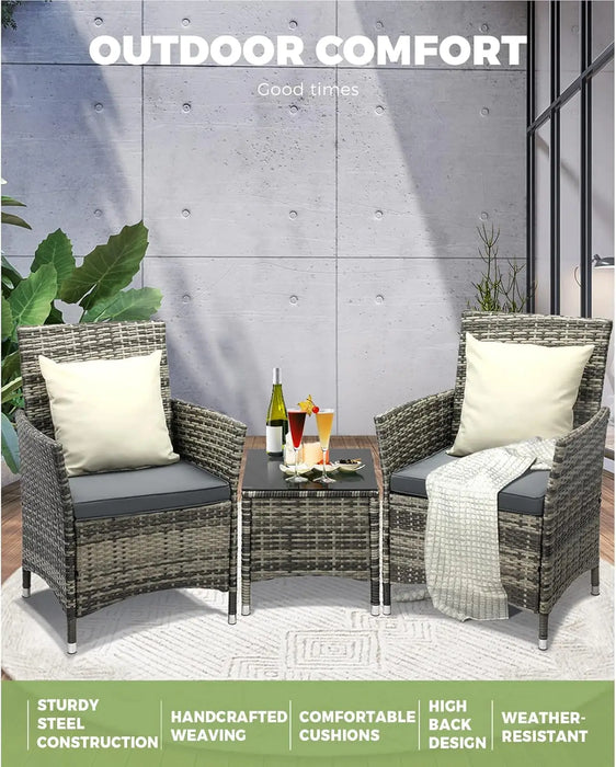 Outdoor Rattan Table and Chairs Set with Cushions and Pillows Grey, 2-Seater