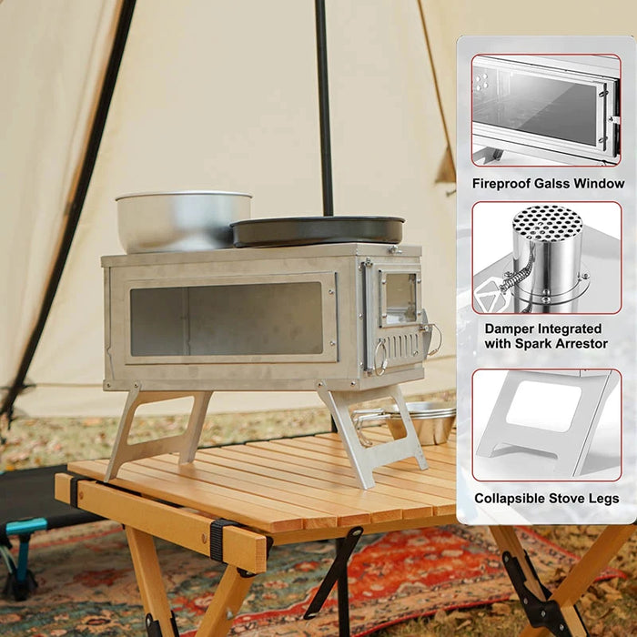 Camping tent stove with glass windows for outdoor heating and cooking