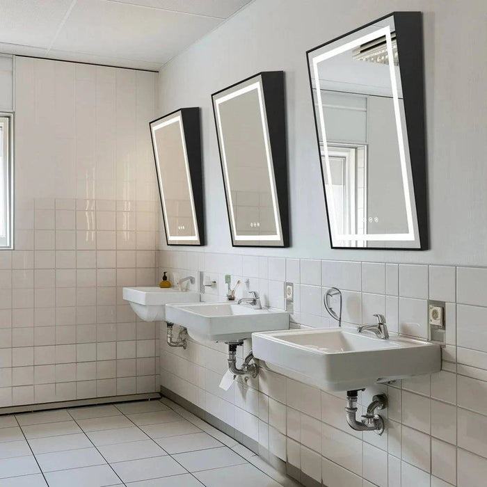 60x90 cm LED Illuminated Bathroom Mirror with Fixed Tilt, Smart Front-lit Black Framed Design - FLUXA