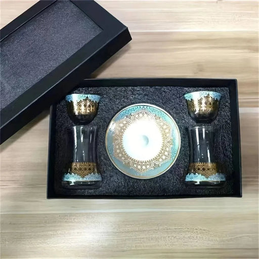 Luxury 3pcs Turkish Glass Coffee Cup Set with Gift Box, Exotic Black Tea Cups for Afternoon Leisure (Blue 2 sets) in elegant Turkish design, perfect for enhancing tea or coffee time experience