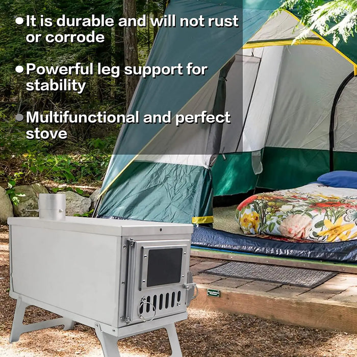 Portable stainless steel camping tent stove with glass windows and wood burner