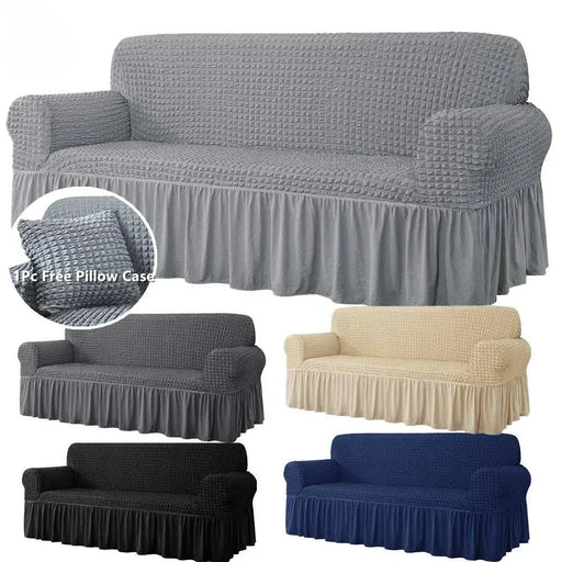 Plaid Seersucker Stretch Sofa Cover in Silver Grey for 2 Seater Sofas