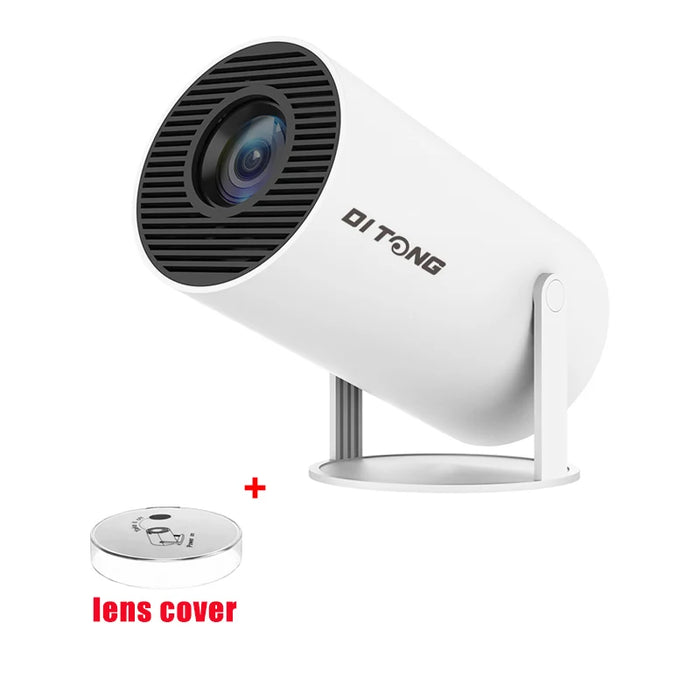 The White Portable 4K HD Projector includes a built-in 3W speaker for basic audio needs, supports file formats such as JPG, BMP, PNG, HEVC/VP9/AVS2/AVC, MPEG1/MPEG2/AV1 1080p/60fps, and comes with a remote control, power cable, and user manual in the package