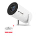 The White Portable 4K HD Projector includes a built-in 3W speaker for basic audio needs, supports file formats such as JPG, BMP, PNG, HEVC/VP9/AVS2/AVC, MPEG1/MPEG2/AV1 1080p/60fps, and comes with a remote control, power cable, and user manual in the package