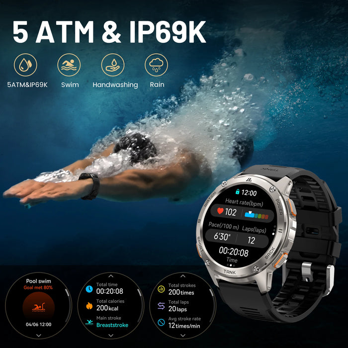 Smartwatch with 500mAh cobalt battery, 5ATM and IP69K waterproofing