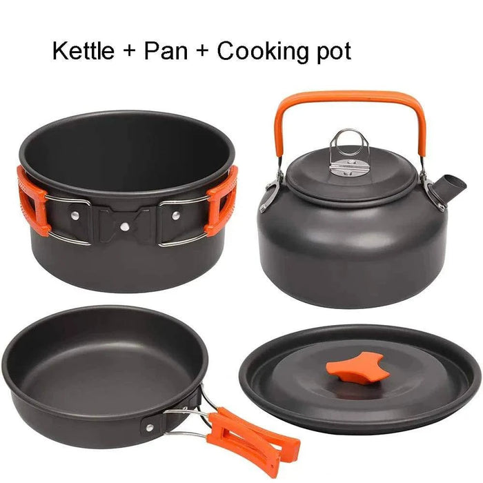  Includes pot, pan, teapot, and utensils in a compact mesh carry bag