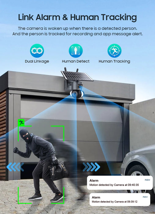 4K 8MP solar camera with dual lens, humanoid tracking, color night vision, and PTZ security for outdoor wifi surveillance