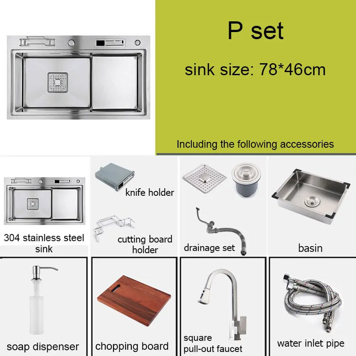 Multifunctional Stainless Steel Kitchen Sink with Faucet & Rack silver 75x45cm C